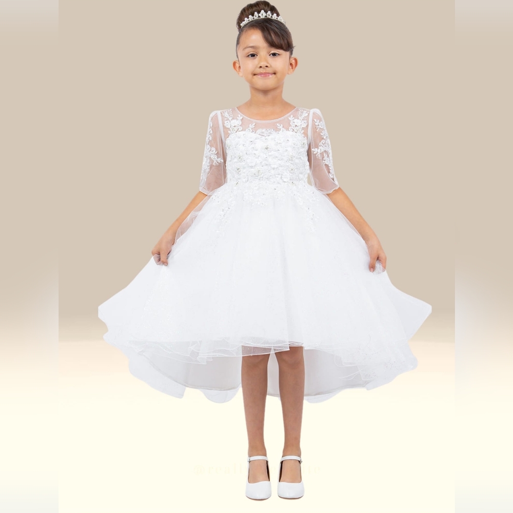 Girls Off White Illusion Neckline Beaded Flower Girls Dress